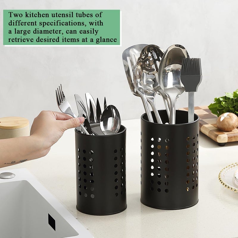 Berglander Kitchen Utensils Holder for Counter Top 2 Pieces, Black Stainless Steel Cutlery Holder, Kitchen Essentials Farmhouse Style Home Countertop Organizer - Image 4
